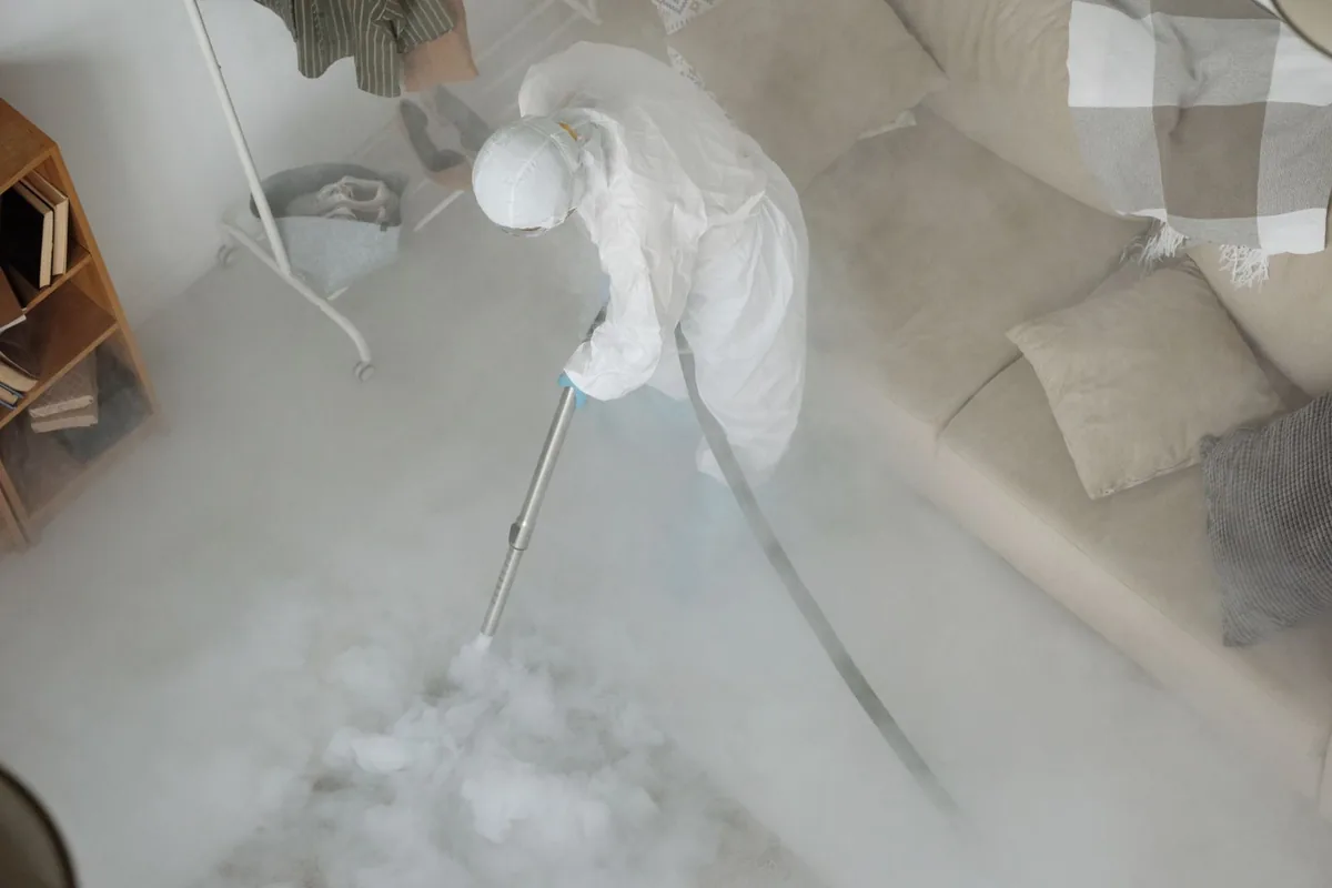 Biohazard cleanup technician in protective equipment, Lyman, SC